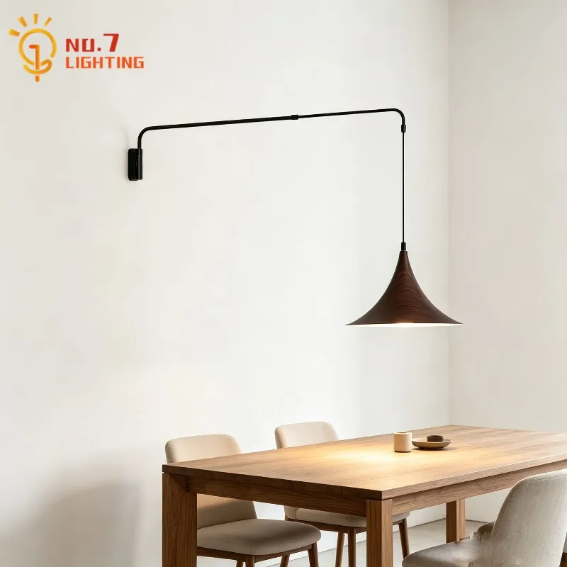 Designer Swing Arm Telescopic Walnut Wall Lamp LED E27 Long Pole Medieval Wall Mounted Living/Dining Room Study Bedroom Reading