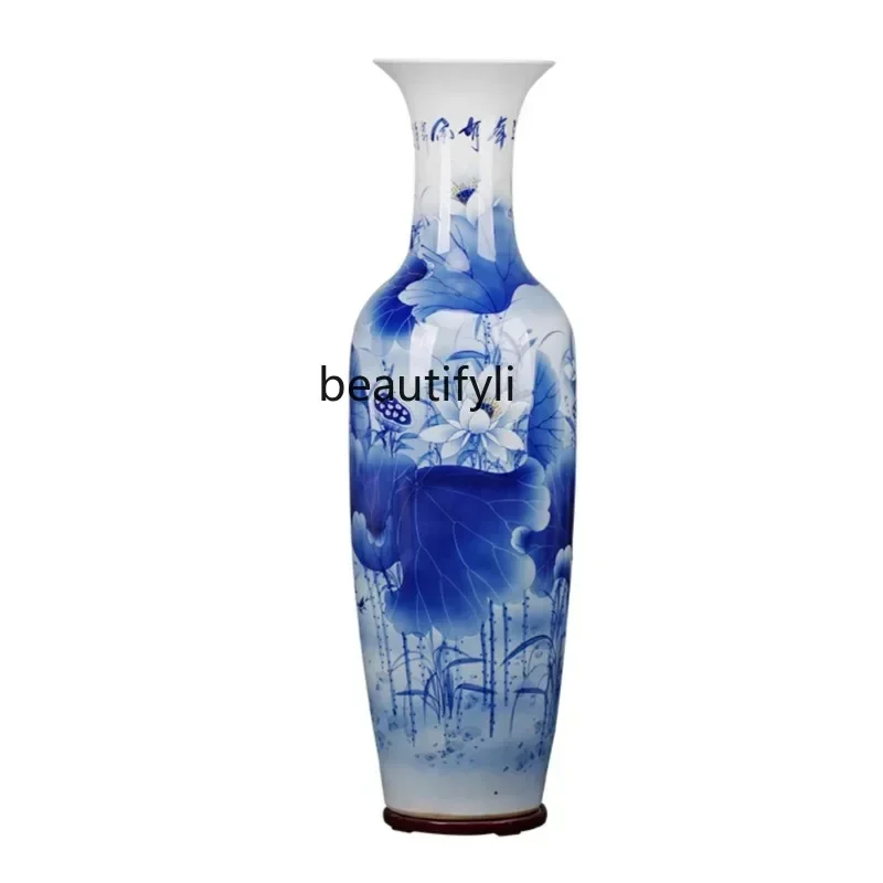 xxxCeramic Blue and White Hand Drawn Floor Large Vase Chinese Living Room Furnishings Ornaments Hotel Opening Large