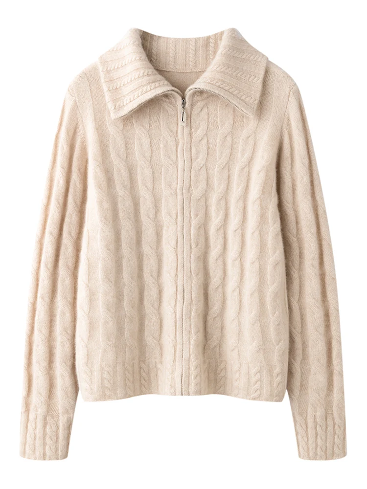 

TLOML New Women100% Cashmere Sweater Double Zipper Turn Down Collar Cardigan Sweater Coat Autumn Winter Thick Cable Knit Tops