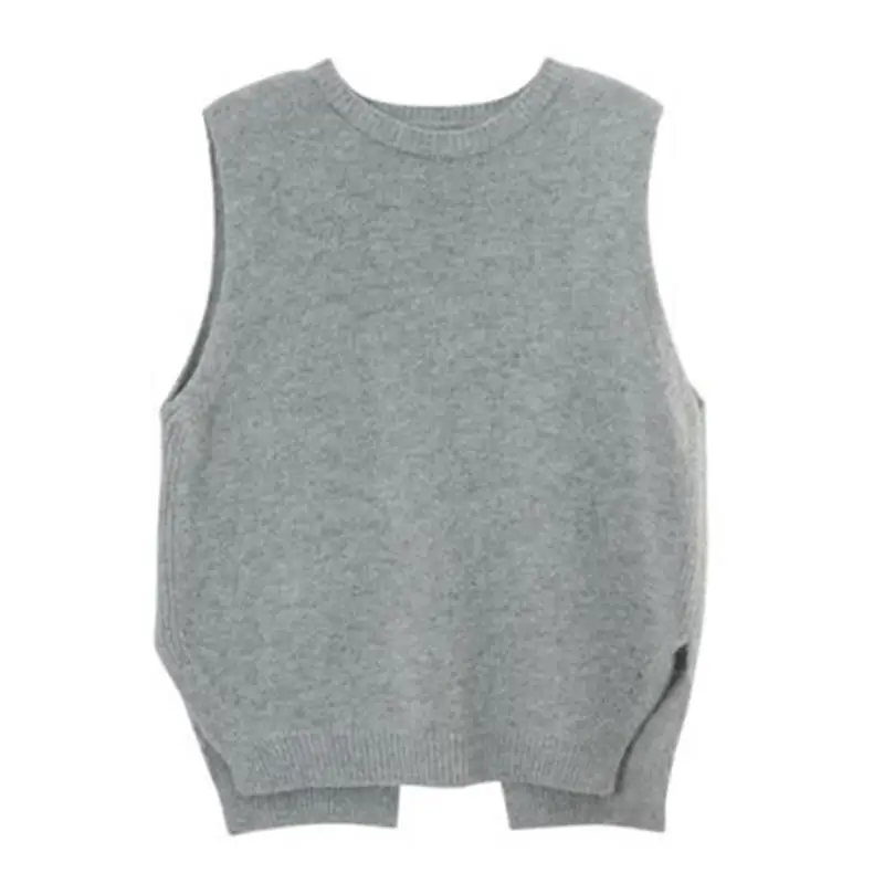 Korean cashmere cotton blended knitted pullover sweater vest for women casual sleeveless back split knitwears