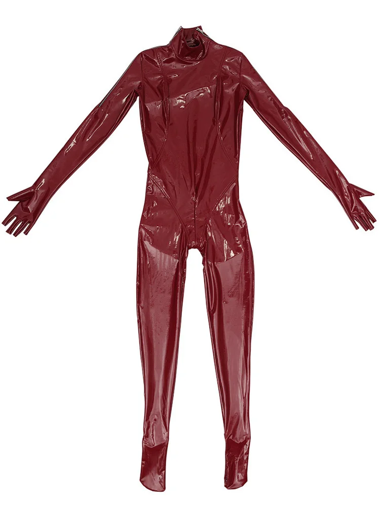 Sexy Women PVC Wetlook Shiny Full Bodysuit Latex Elasitc Sexy Tight Zipper Open Crotch Half Finger Gloves Cosplay Leotard