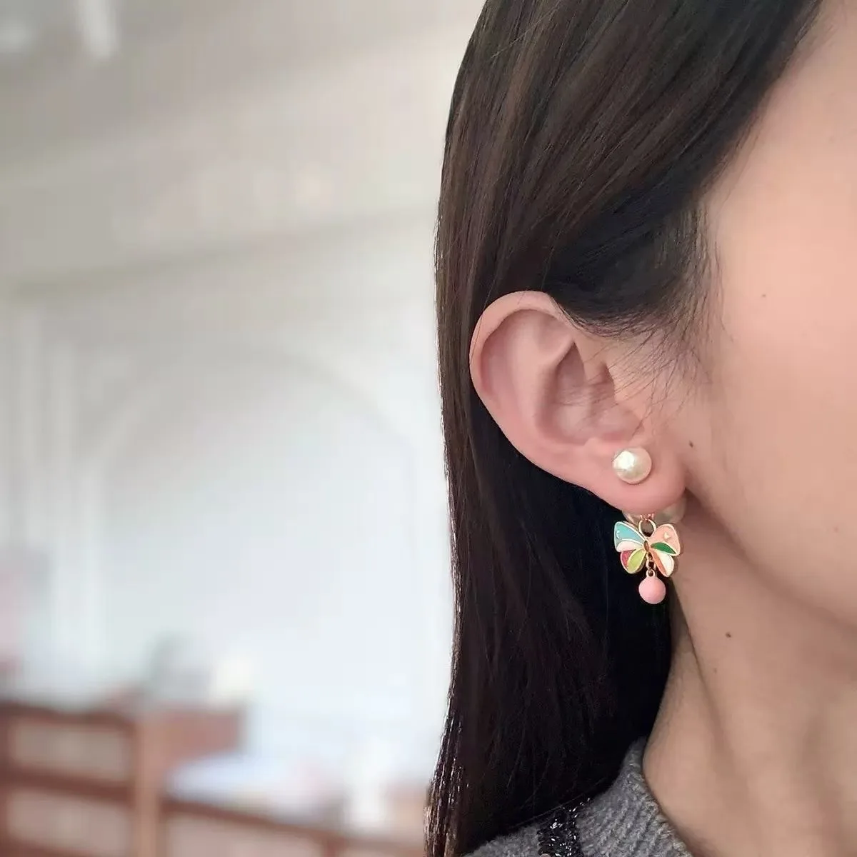 New Fashion Colorful Bow-shaped Pearl Earrings for Women Removable Design Free Combination Multi Wear Ways Gold-plated Jewelry