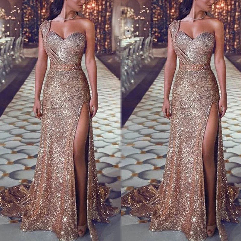 2022  Models  Dresses Women Elegant And Sexy One-shoulder Sleeveless Bronzing Dress Split  Wo