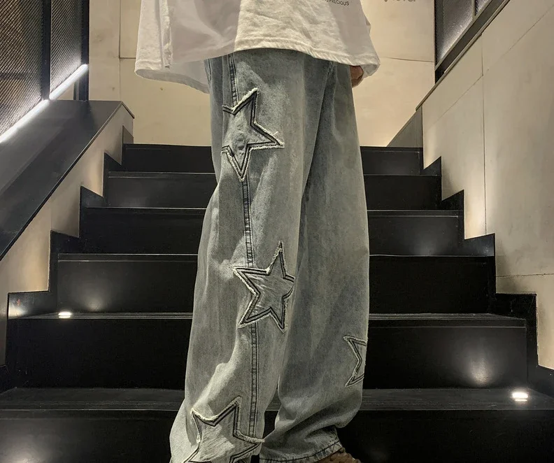 

Pop New Fashion Five-pointed Star Jeans Men High-waisted Vintage Streetwear Men Pants Baggy Winter Wide-leg Jeans Denim Men Clot