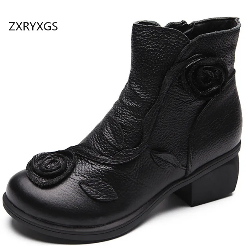 ZXRYXGS Popular Classic Flowers Women Genuine Leather Boots Women's Fashion Shoes 2024 Popular Autumn Winter Boots Large Size 42