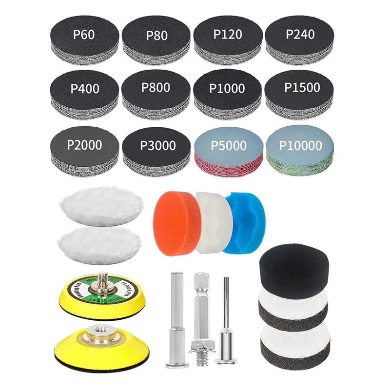 Fresh 2 Inch Sanding Discs Drill Polishing Kit, 193PCS Car Headlight Restoration Kit, Hook & Loop Wet Dry Buffing Pads