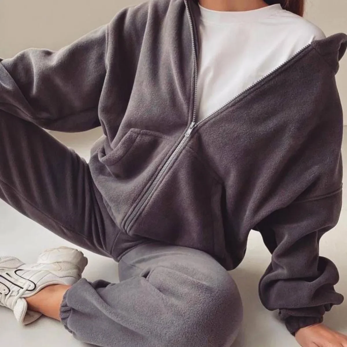 Two Piece Sets Hoodies Fleece Autumn Casual Sport Women Solid Matching Sets Sweatshirt Coat Zipper Sports Jacket Jogger Suits