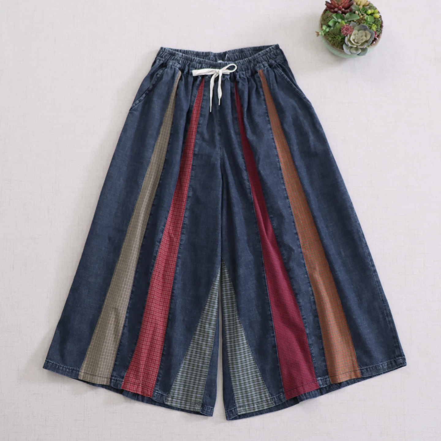 

Японские винтажные клетчатые лоскутные джинсовые широкие брюки для девочек Mori, женские осенние повседневные свободные джинсы с эластичной резинкой на талии, прямые брюки