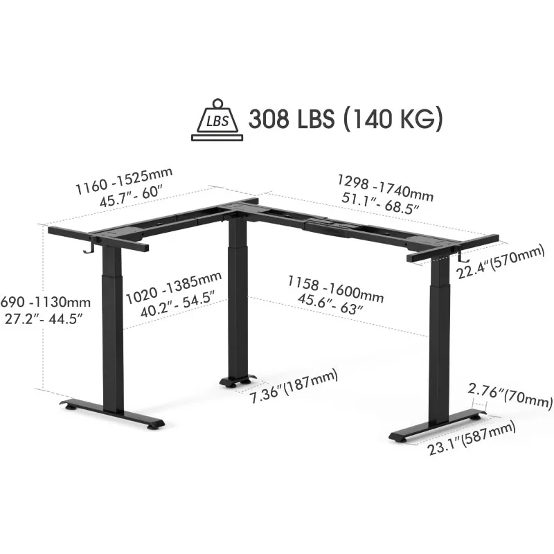 FEZIBO 75 polegadas, suporta mais de 300 libras, grande mesa em forma de L, mesa elétrica em forma de L com altura ajustável