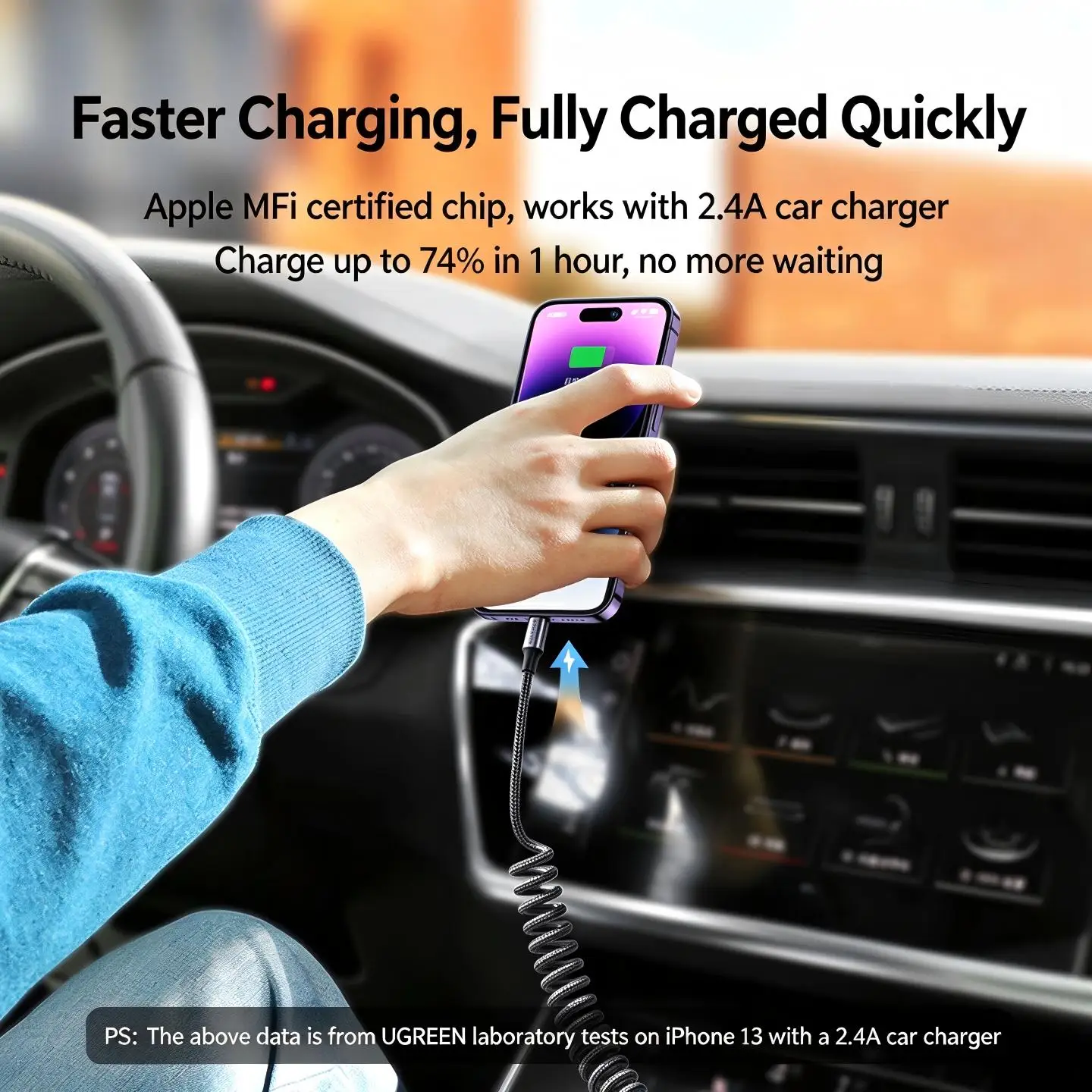 UGREEN MFI – samochodowy kabel USB Lightning z mechanizmem zwijania, obsługujący szybkie ładowanie PD i przesyłanie danych, kompatybilny z Apple iPhone 14, 13 i iPad, ładowarka samochodowa, kabel Carplay, pleciona konstrukcja. — zdjęcie produktu 3