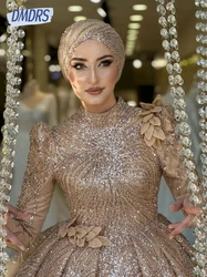 Middle East Shiny Women Muslim Wedding Dress Charming High Neck Ball Gown Elegant Long Sleeves Beads Bridal Gown Customized