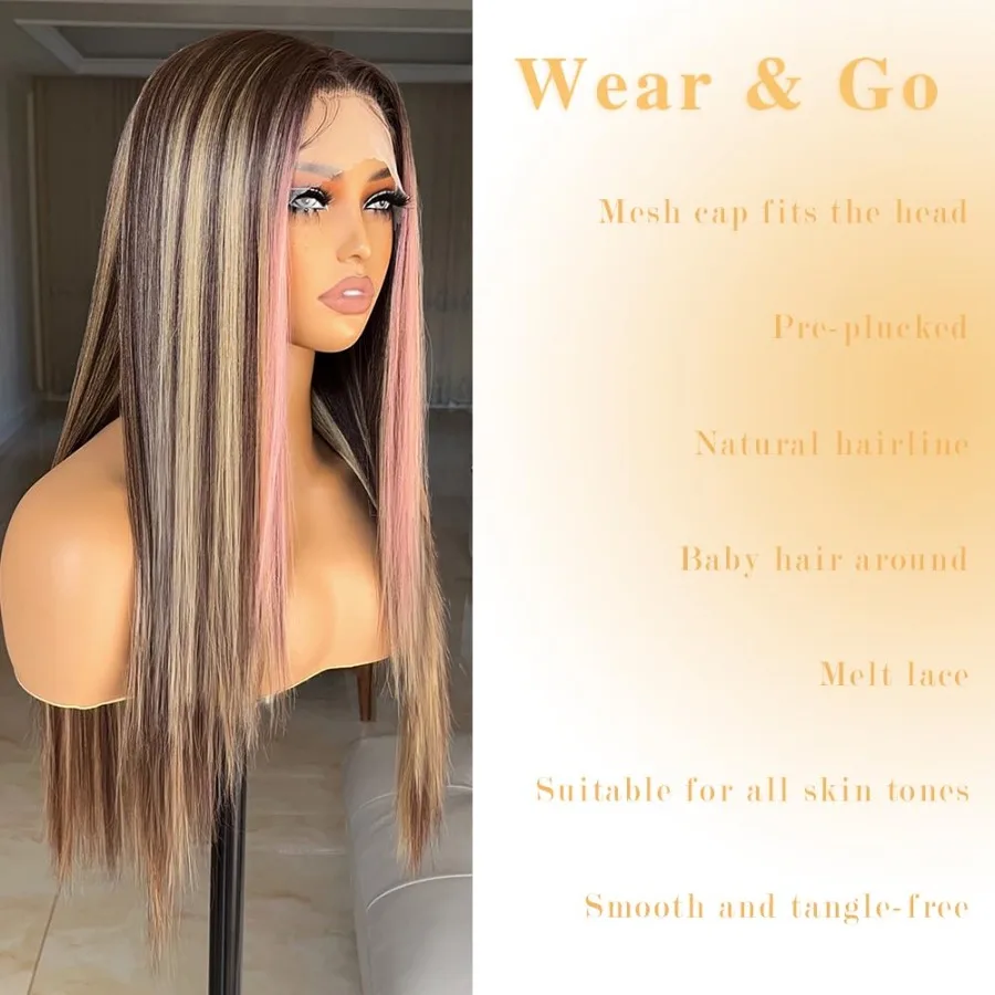 26 بوصة الوردي تسليط الضوء على الدانتيل الجبهة غلويليس بيروكات صناعية للنساء مع شعر الطفل قبل قطعها نمط طويل مستقيم مثالي ل D