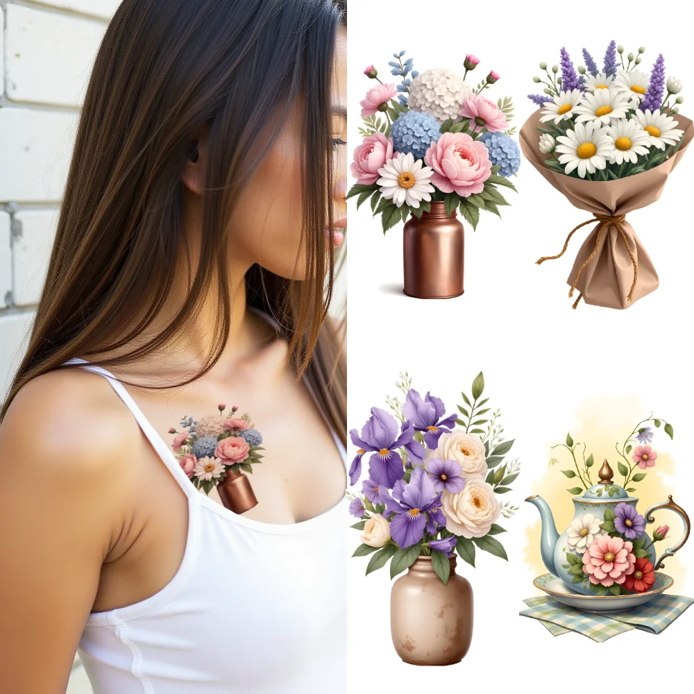 

9pcs Temporary Tattoo Sunflowers Waterproof Long-lasting Body Stickers Vase Flower Bouquet Temporary Tattoo Stickers Roses For