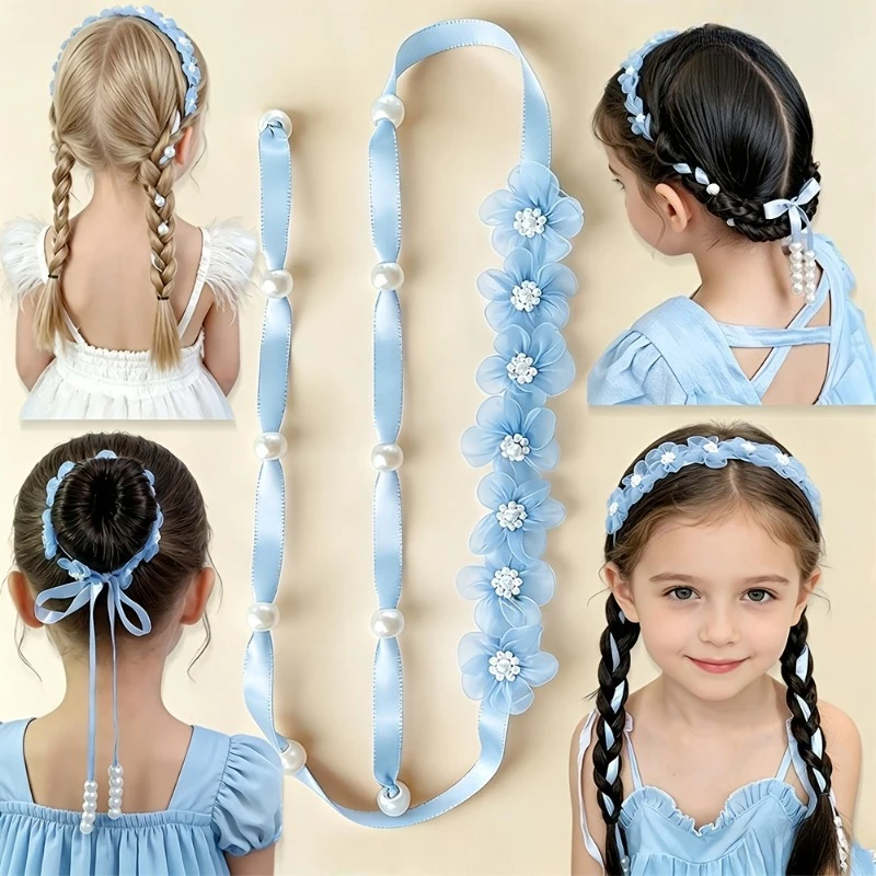 1 Stück Organza-Blumen-Haarband mit langem Band, modisches böhmisches Blumen-Haargummi, geflochtenes Haarband, geeignet für tägliche Partys – Detail 4