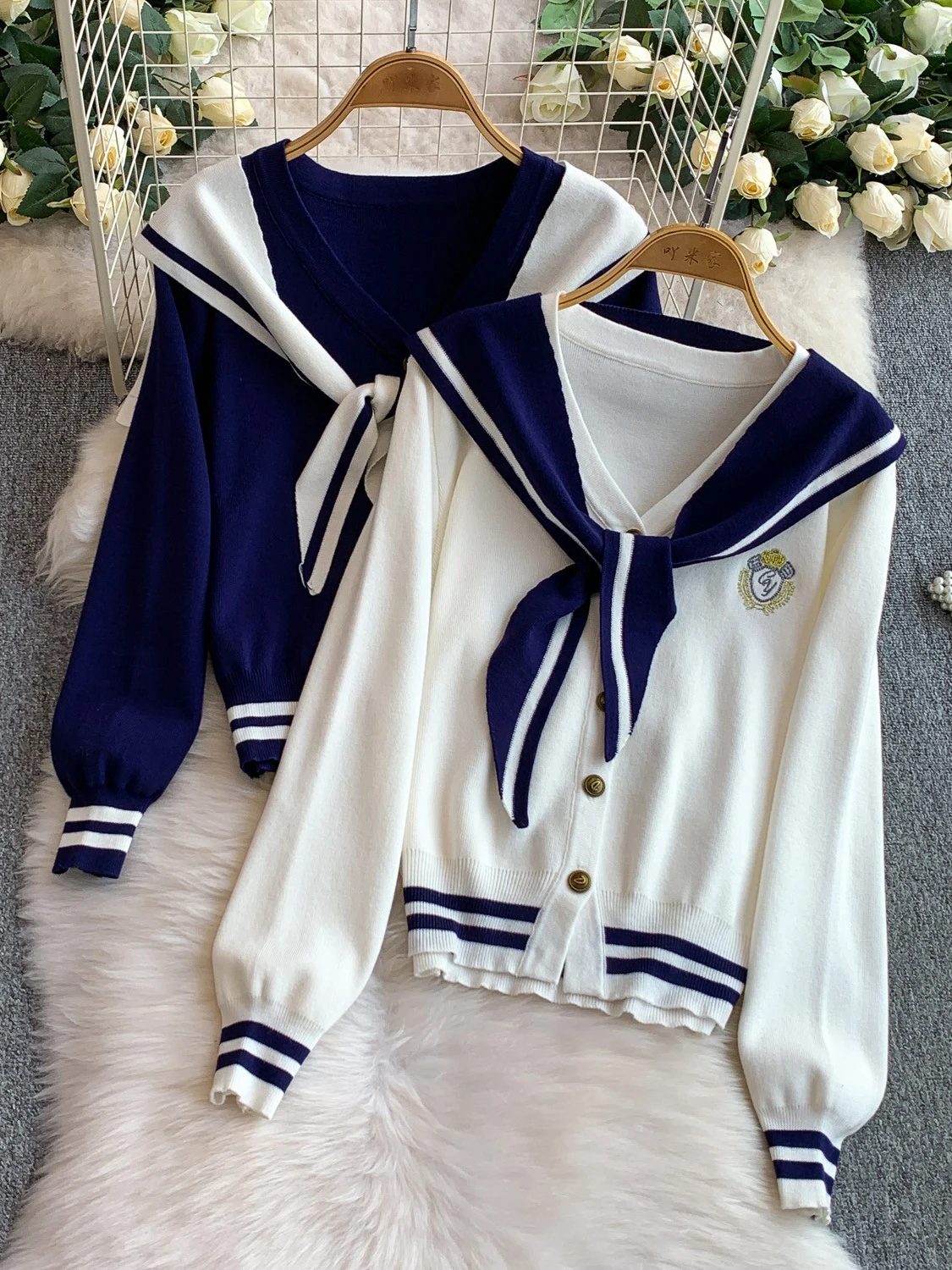 

Sweet Sle Long Sve Knitted Slim Fit Navy Collar Women's Outerwear Embroidered Color Blo Belted Casual Top for Autumn