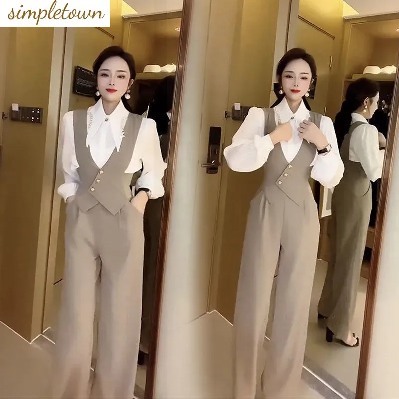 2023 Autumn New Fashion Set Women\'s Beaded Long Sleeve Shirt+Button Vest Suit Strap Pants Two Piece Set Trend