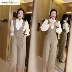 2023 Autumn New Fashion Set Women's Beaded Long Sleeve Shirt+Button Vest Suit Strap Pants Two Piece Set Trend