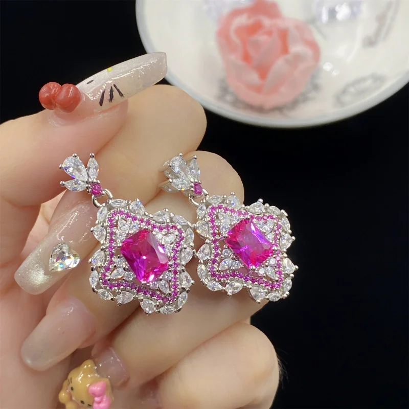 Luxurious Rectangular Red Corundum Fluorescent Light Color-Changing Full Diamond Elegant Short Earrings for Women Ear St