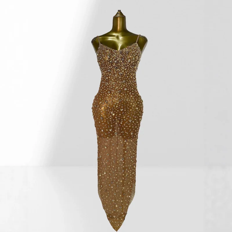 New Arrival Women's Rhinestone Sexy Sheer Mesh Strap Dress European and American Fashion Party Performance Dress