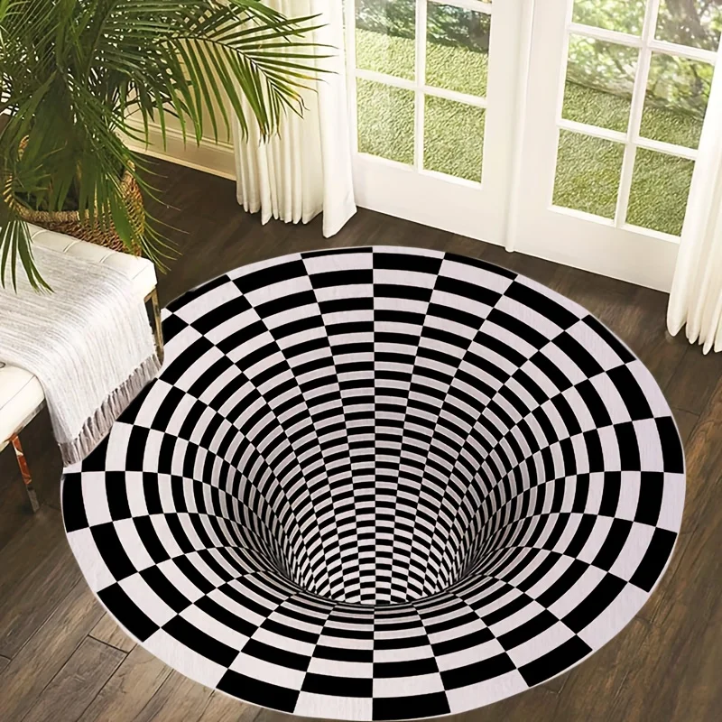 Optical Illusion Black & White Checkered Mat, 100% Polyester, Machine-Washable, for Living Room/Coffee Table/Entryway