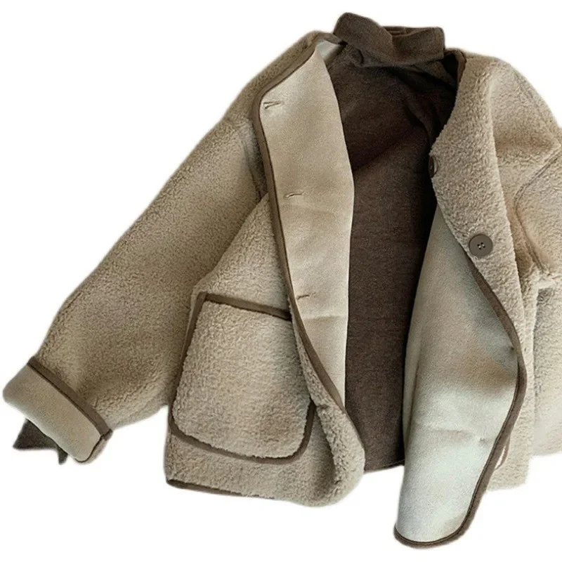 سترة شتوية جديدة فضفاضة قصيرة سميكة من فرو الضأن بأسلوب بسيط مقاس صغير أنيق من ألياف البوليستر معطف بأكمام كاملة #4