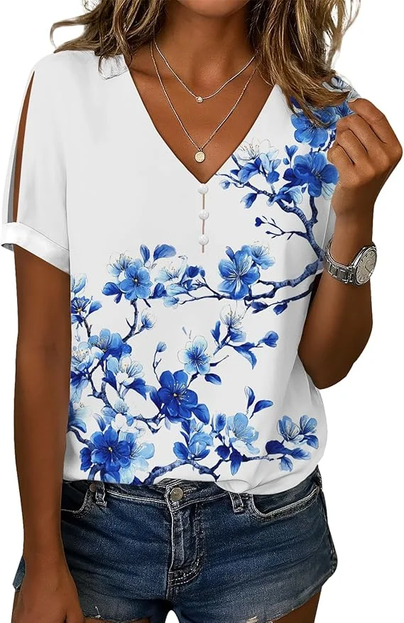 

Boho Tops for Women Linen Shirts Casual V Neck Short Sleeve Floral Printed Dressy Summer Tees