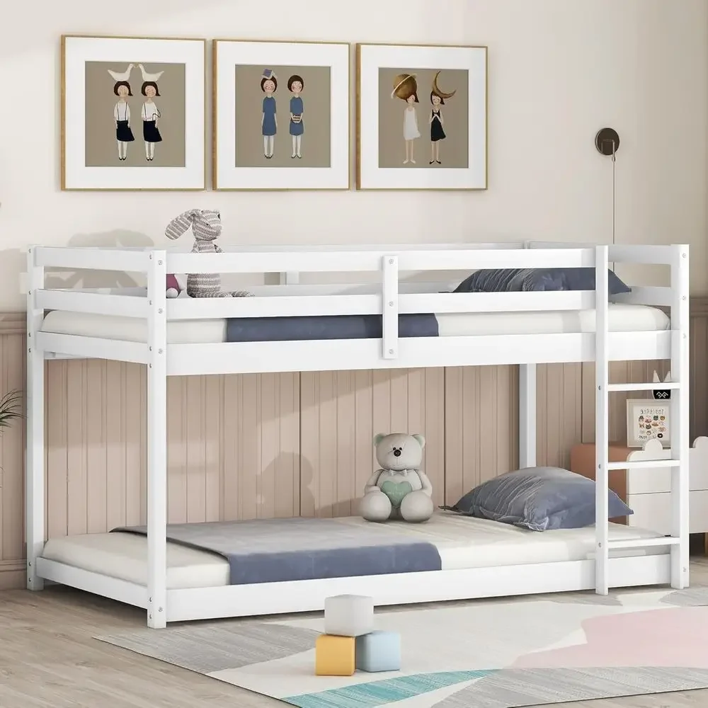 

Twin Over Twin Wood Bunk Bed with Ladder and Guardrail, Space-Saving, Suitable for Kids, White