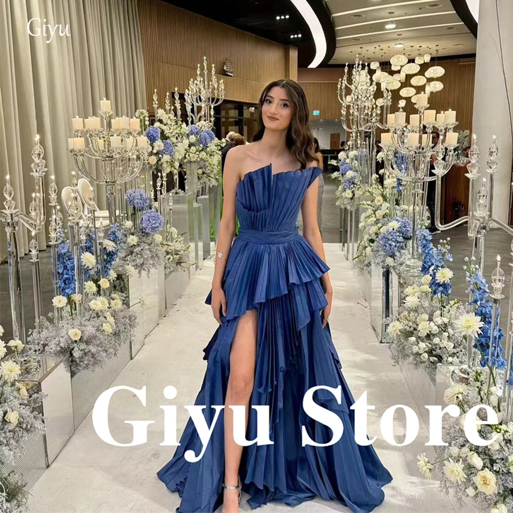 Giyu Women's Navy Blue Evening Dresses Split Pleats Taffeta Floor Length Prom Gowns Formal Party Occasion Dress Wedding Guest