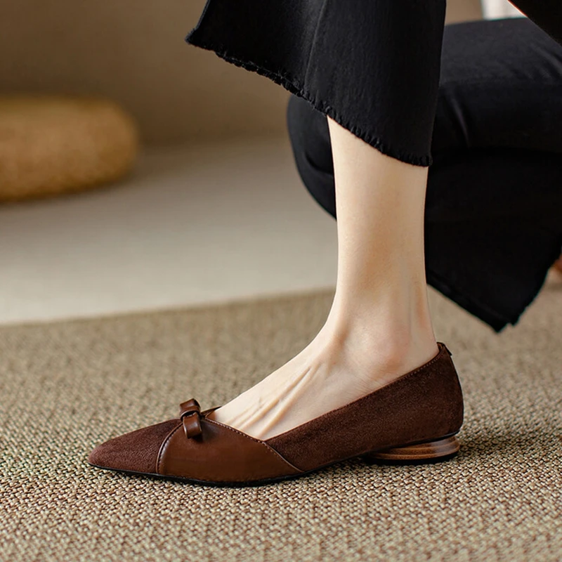 NEW Spring/Autumn Women Pumps Sheep Suede Leather Shoes for Women Pointed Toe Low Heel Shoes Elegant Bow-knot Shoes zaptos mujer