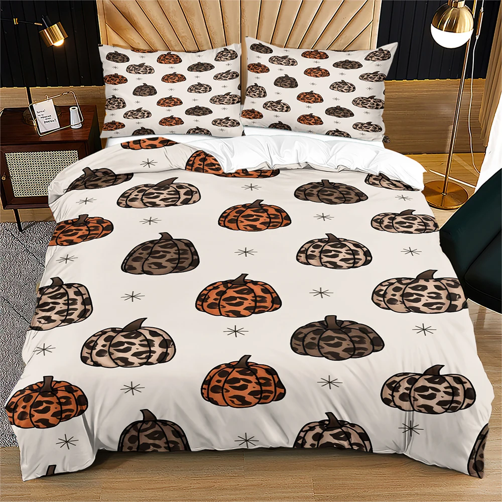 Leopard Print Pumpkin Duvet Cover Set Fall Autumn Bedding Set Halloween Thanksgiving Decor Soft Microfiber Quilt Cover 2/3PCS
