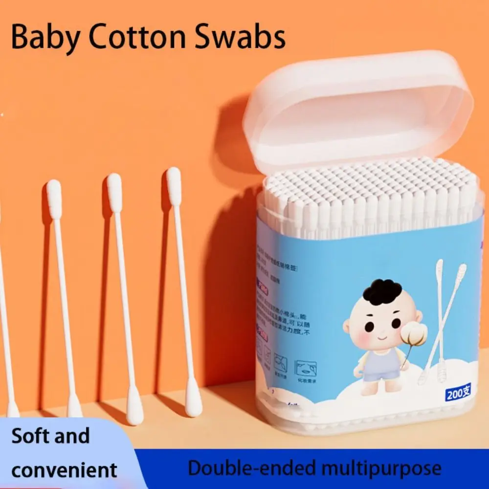 200 pcs Dual Tips Baby Cotton Swab Soft Degreasing Cotton Extra Thin Stem Sterile Cotton Buds Ear Wax Spoon Young Children