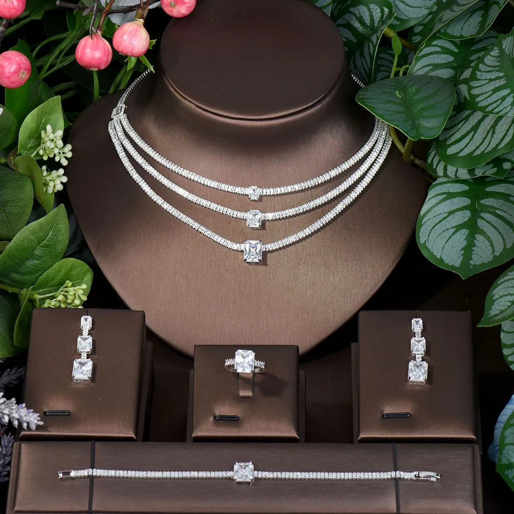 HIBRIDE Three Layers Square Design Women Party Costume Jewelry Set Wedding Earring Necklace Sets For Brides bijoux femme N-538
