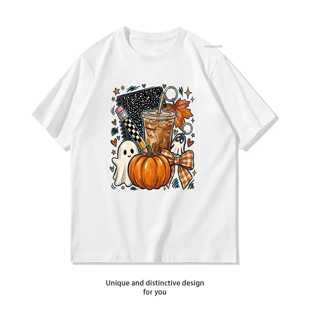 Halloween Teacher Fall Pumpkin Ghosts Iced Coffee and Back to School T-shirt Woman Man Summer Cotton Graphic T Shirts Adult