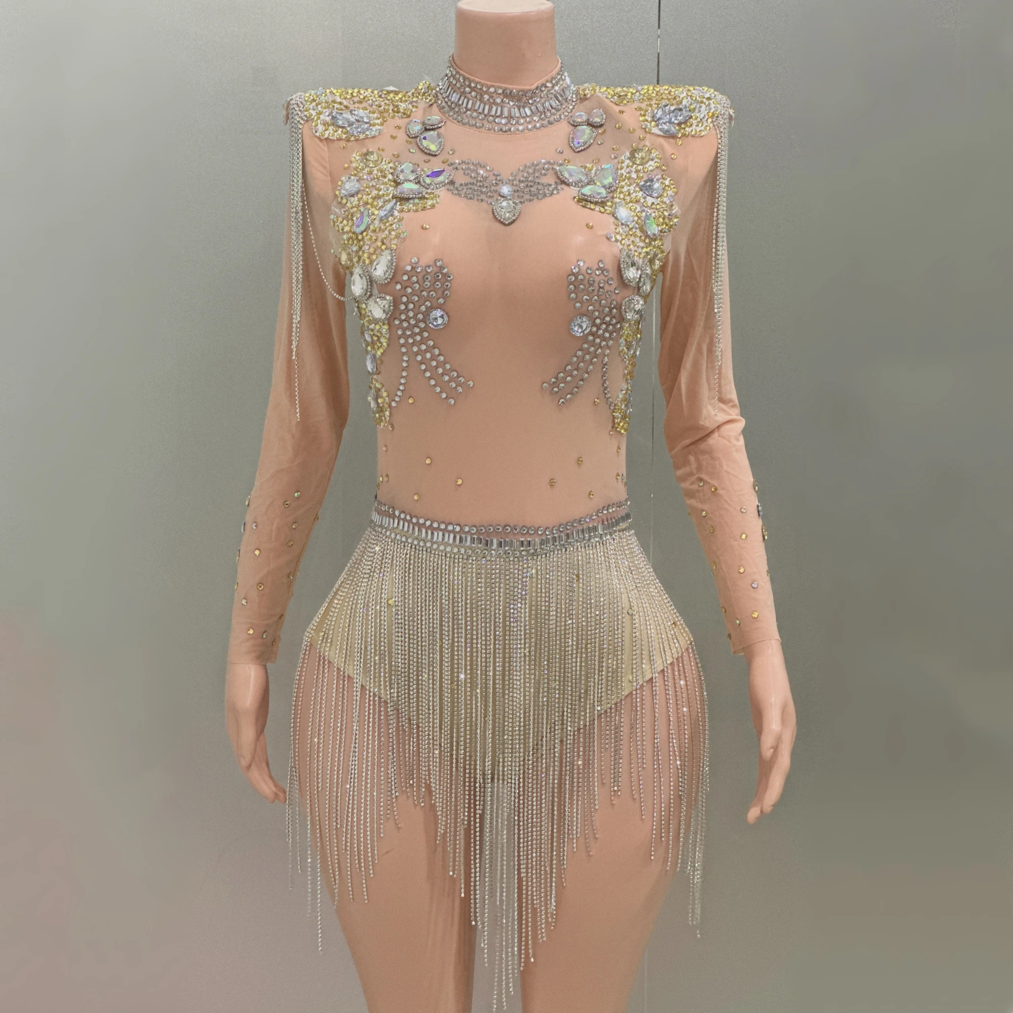 

IN STOCK Sparkly Rhinestone Chain Champagne-Colored Mini Jumpsuit Singer Dancer Stage Wear Women Outfits Sexy Club Party