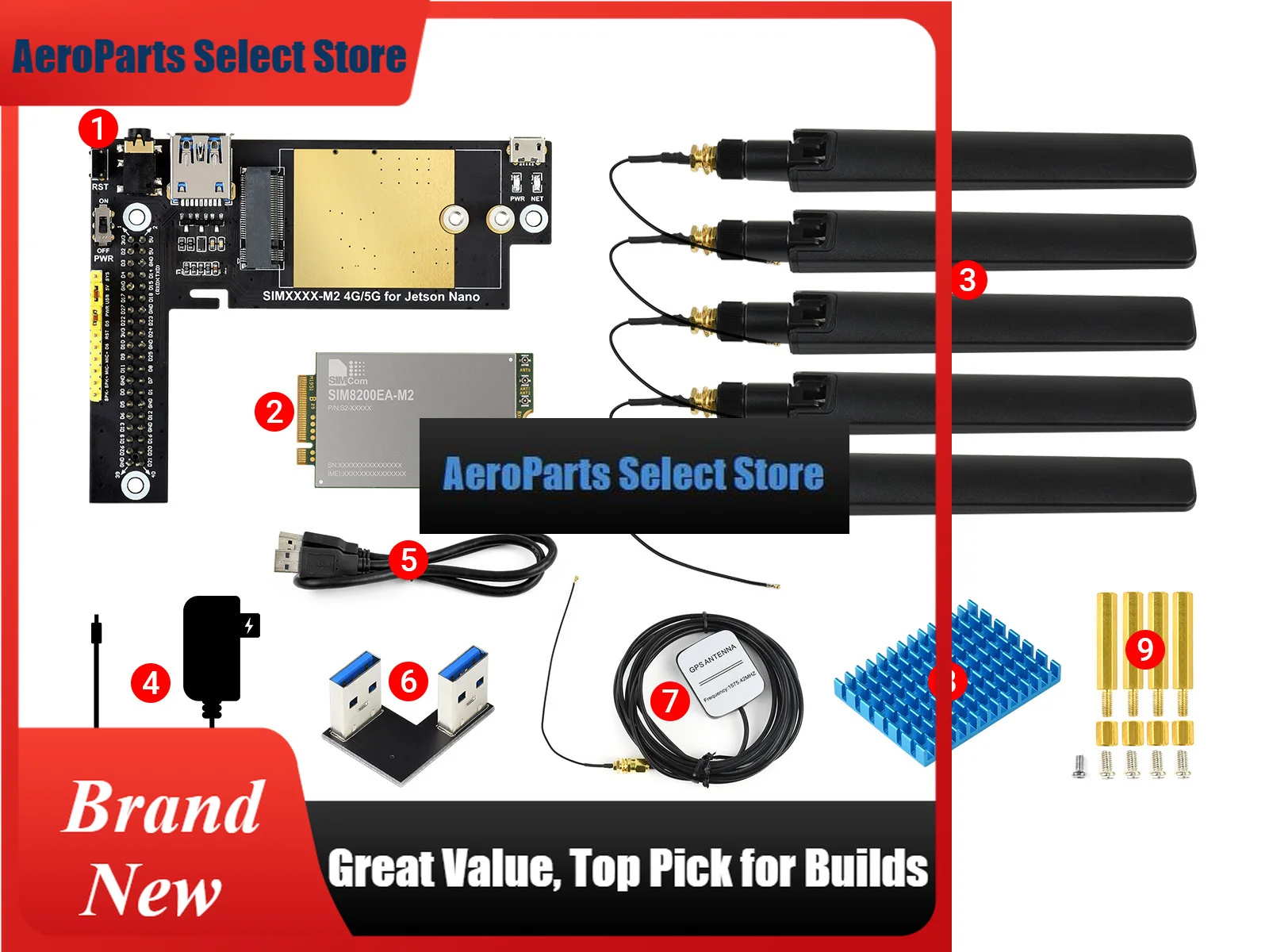 AeroPartsSIM8200EA-M2 5G Module Designed For Jetson Nano, 5G/4G/3G Support, Snapdragon X55 Onboard, Multi Mode Multi Band