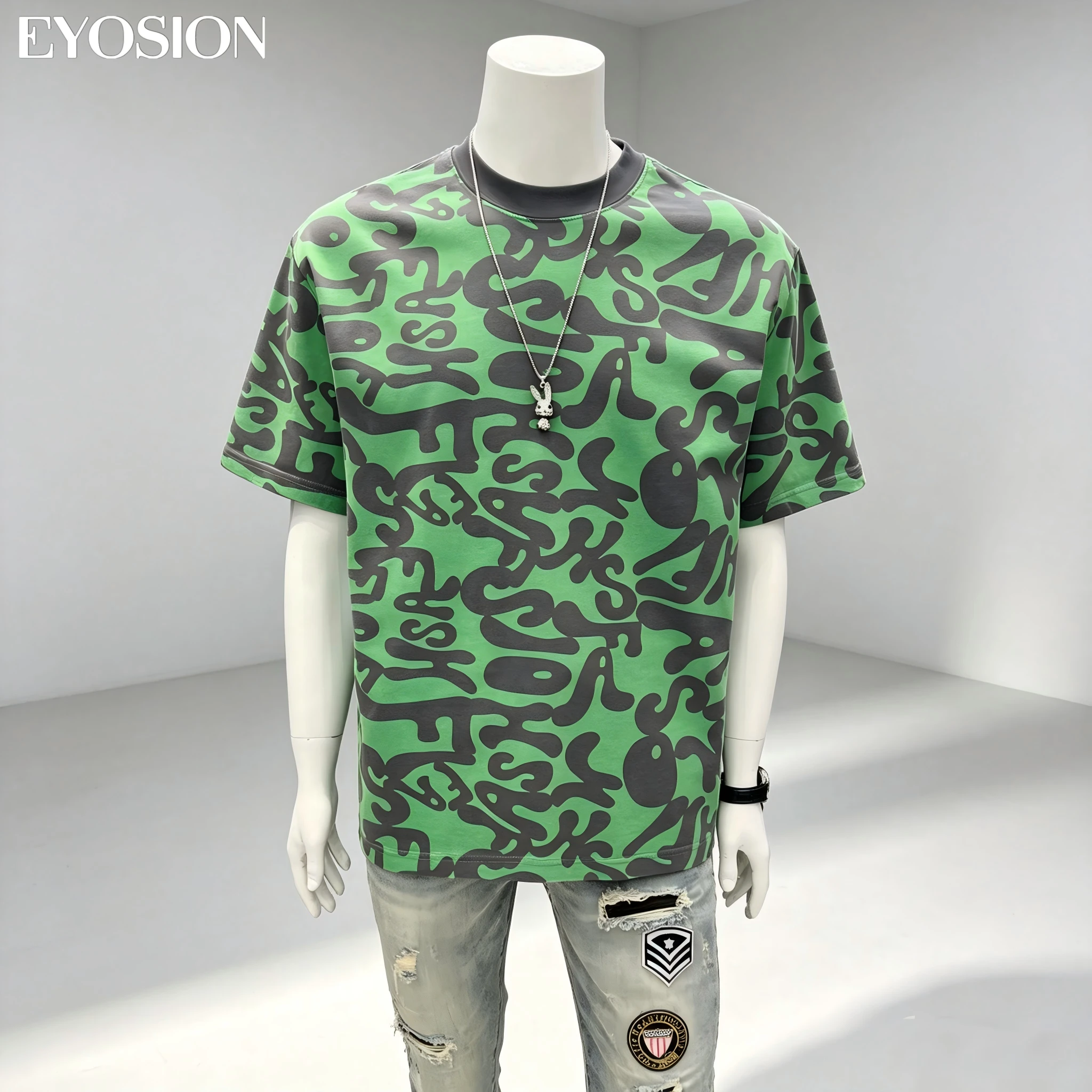 Men's Vintage Abstract Letters Printed Cotton T-shirt High Quality Cotton Green Color Short Sleeve Casual T-shirts Graphic Tee