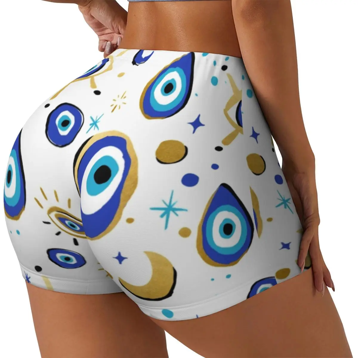 Custom Mediterranean Blue And Gold Evil Eye Volleyball Biker Workout Shorts Hamsa Nazar Amulet Boho Gym Athletic Yoga Shorts