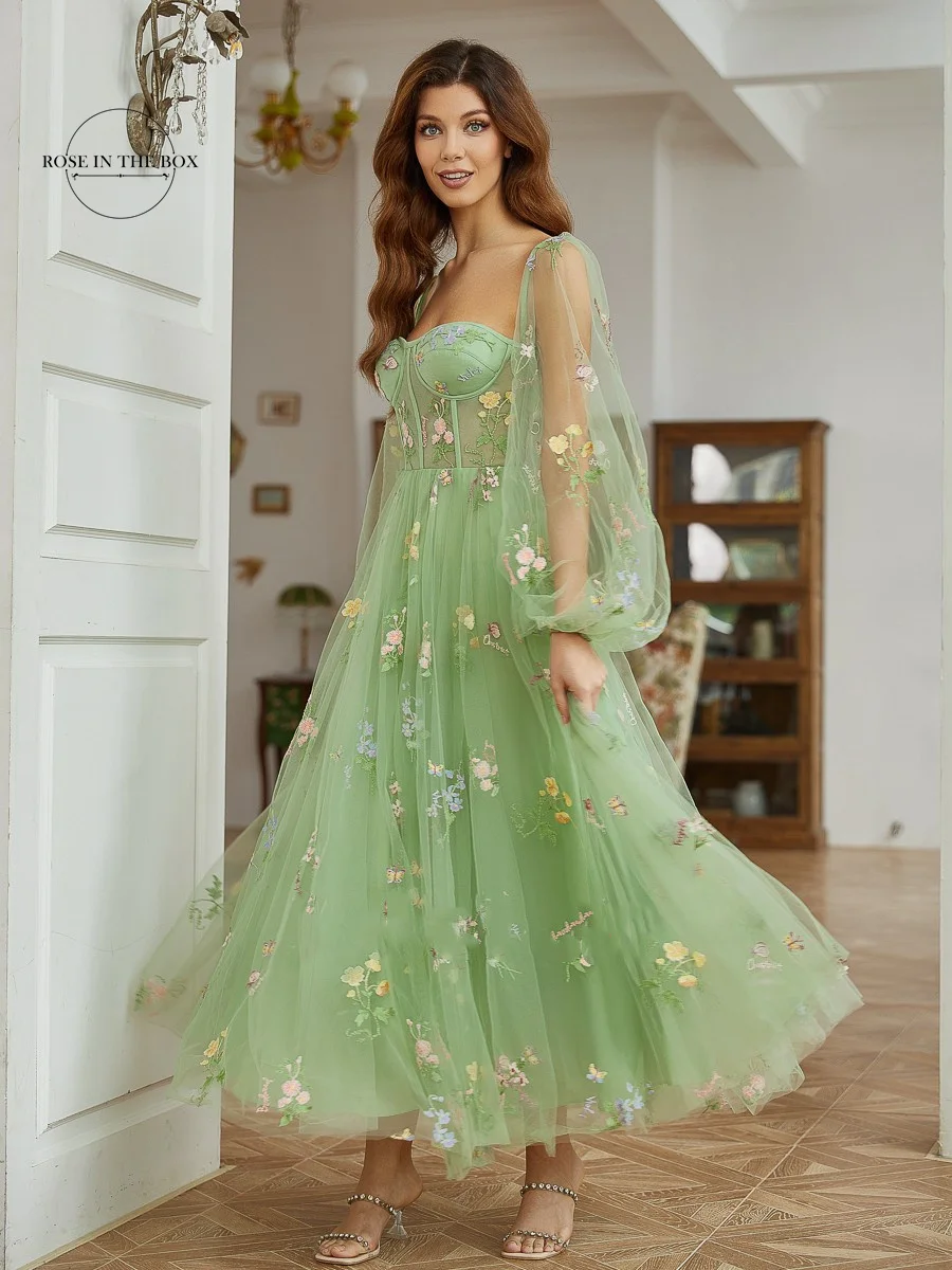 Corset Embroidered Prom Dresses Puff Sleeve Tea-Length Green Evening Party Dress Sweetheart Neck Tulle Midi Formal Gowns 2024