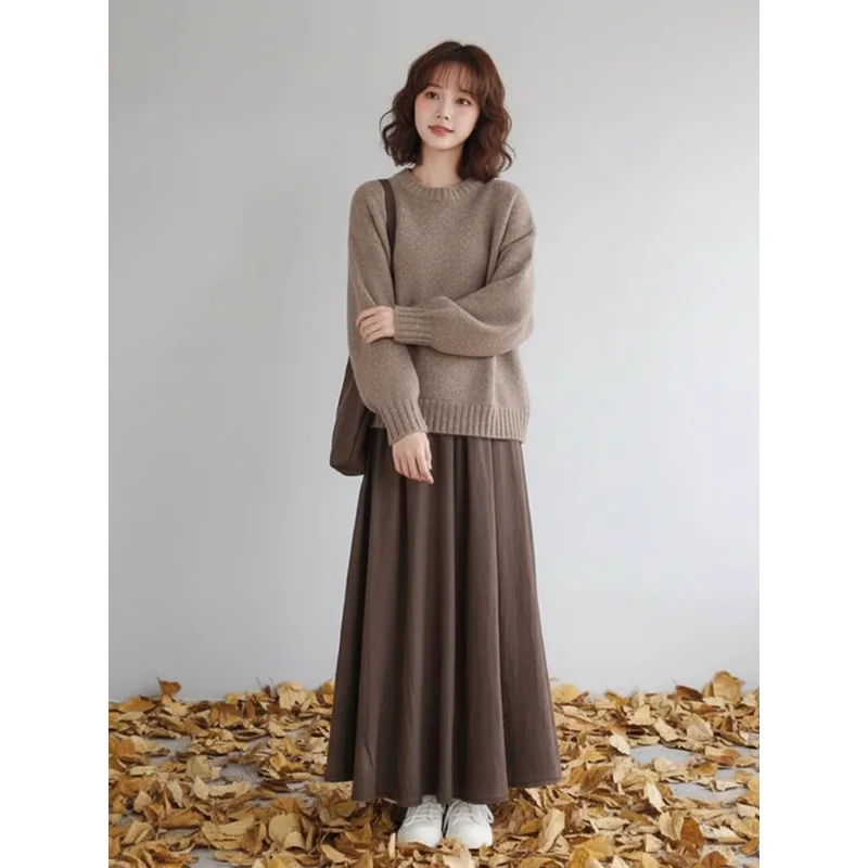 2025 겨울 니트 드레스 여성용 하이웨이스트 롱 슬리브 라운드 네일린 아메리칸 스타일 패셔너블 한국 감성 가운