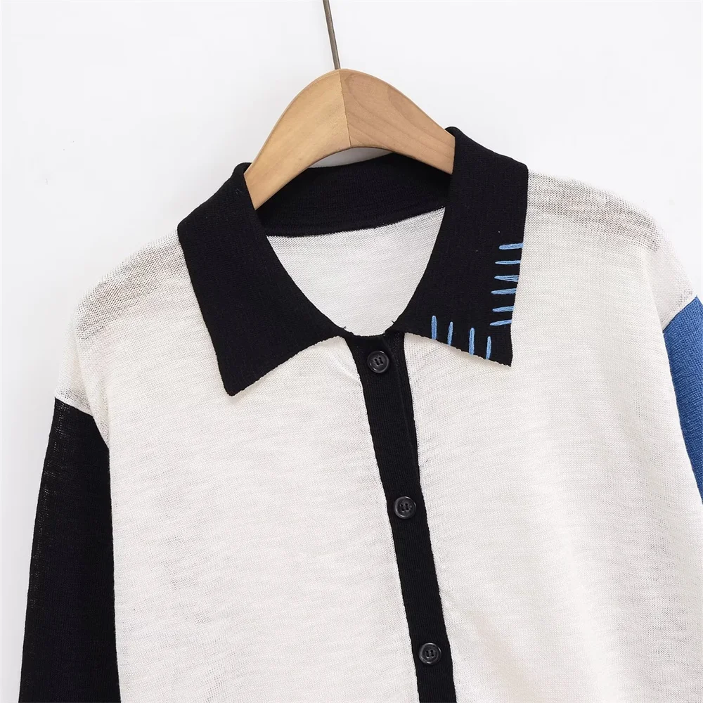 nieuwe damesmode casual vent decoratie contrasterende kleur flip kraag gebreid jack met lange mouwen