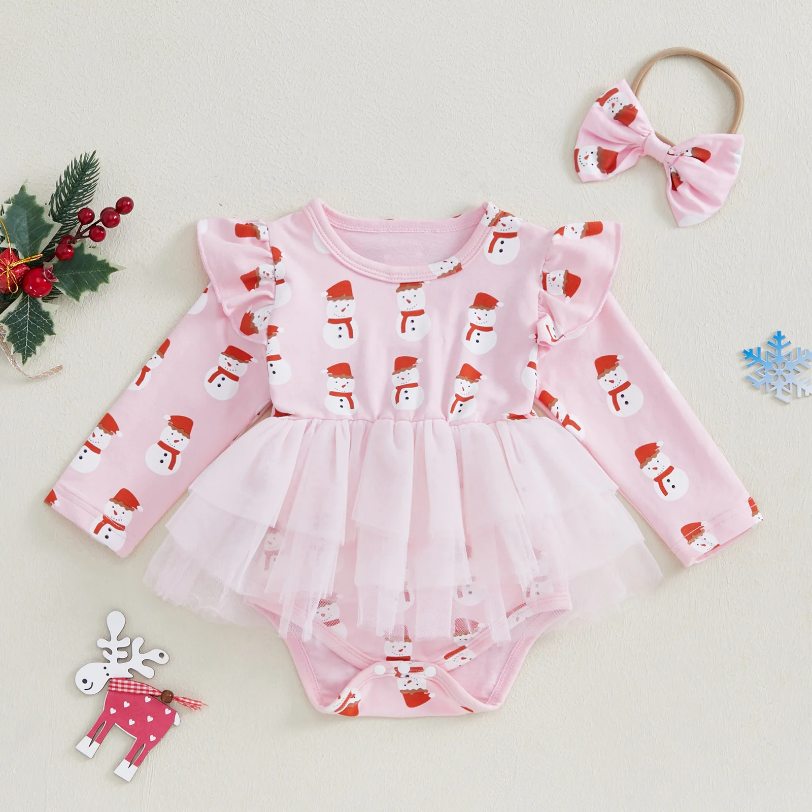 Christmas Theme Long Sleeve Dress for Baby Girls with Butterfly Knot Headband Toddler Kids Clothing Festive Outfit