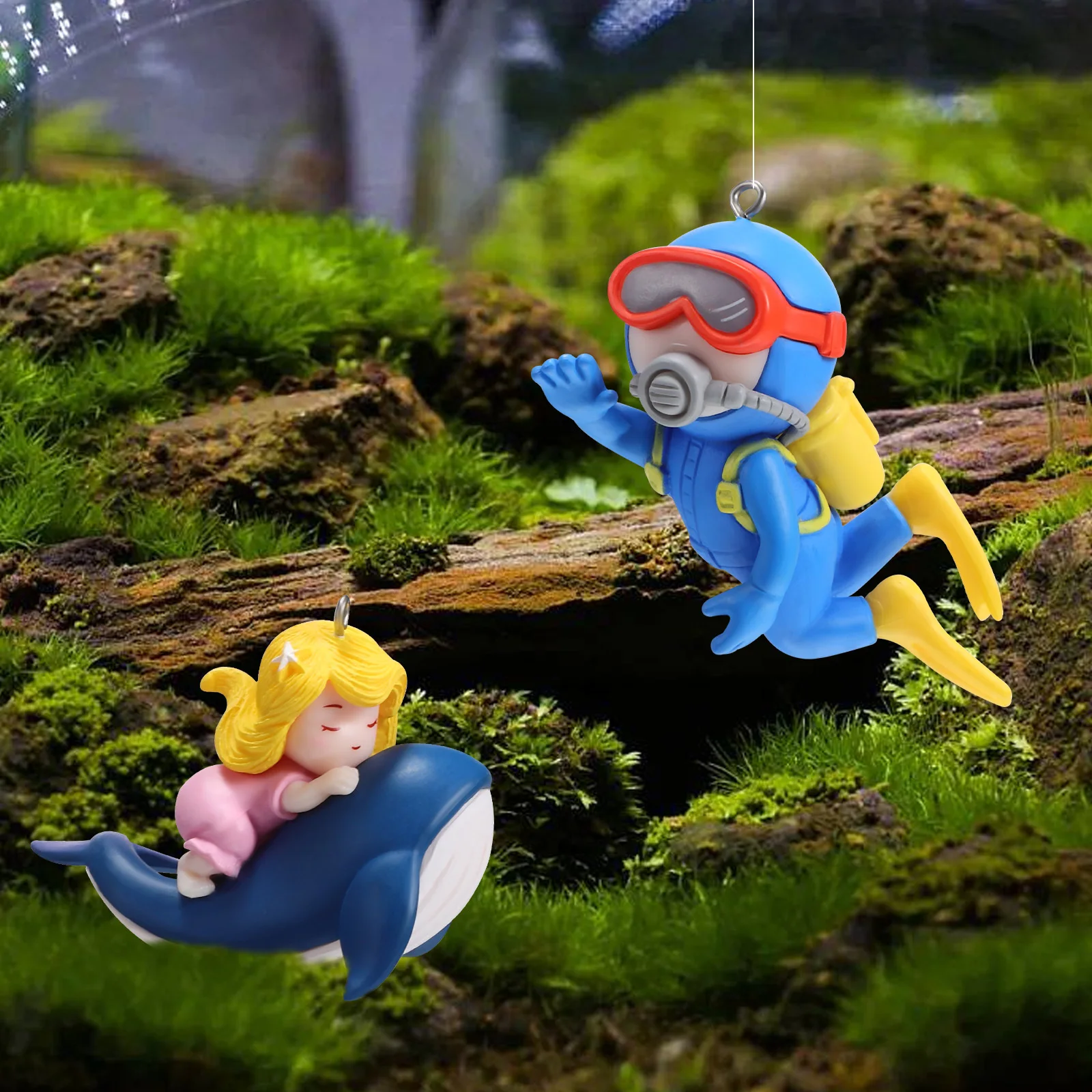 

2Pcs Floating Diver Ornament for Aquarium Cute Whale Riding Girl Decoration Fish Tank Accessories Fade Resistant PVC