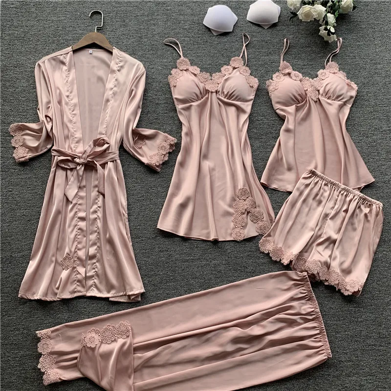 Pajamas Five Piece Set Sexy Lace Trim Nightgown Nightwear Spring Summer Women Bath Robe Loose Silk Satin Home Wear Pijamas Suit