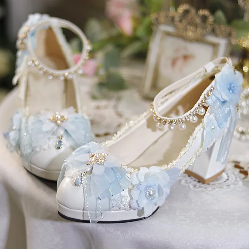 Handmade Lolita Shoes New Light Blue round Tea Party High Heels
