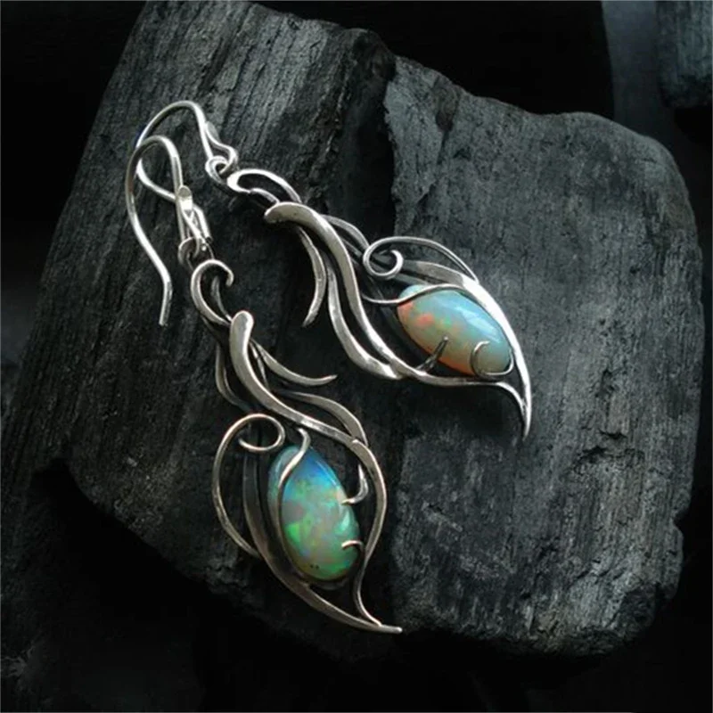 Elegant Oval Flower Green Stone Earrings for Women Silver Color Dangle Earrings Jewelry
