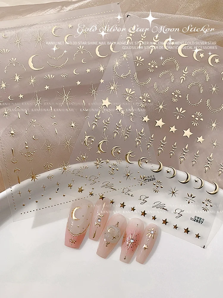 Bronzing Gold Silver Star Moon Sun Nail Art Sticker 3D Laser Occult Semiotics Pattern Decal Self-Adhesive Slider Polish Stickers