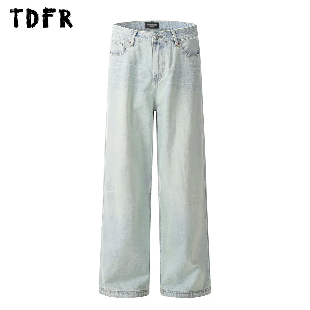 Water Ripples Washed Distressed Jeans Mens Retro Streetwear Straight Loose Denim Pants Men Trousers