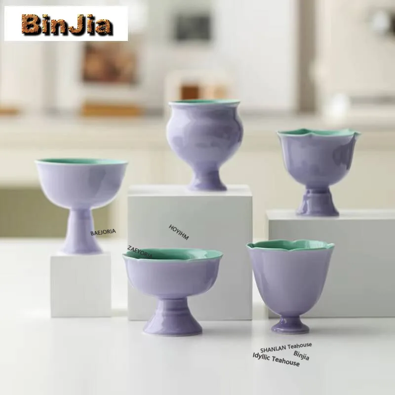 Hibiscus Purple Turquoise Green High Foot Teacup Creative Tea Bowl Jug Tea-tasting Meditation Cup Chazhan Master Cups