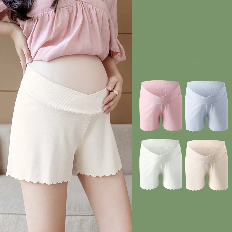 Maternity Panties High Waist Anti-slip Tummy Control Pregnant Women's Leggings With Lace Solid Color Panties Ice Silk Feeling