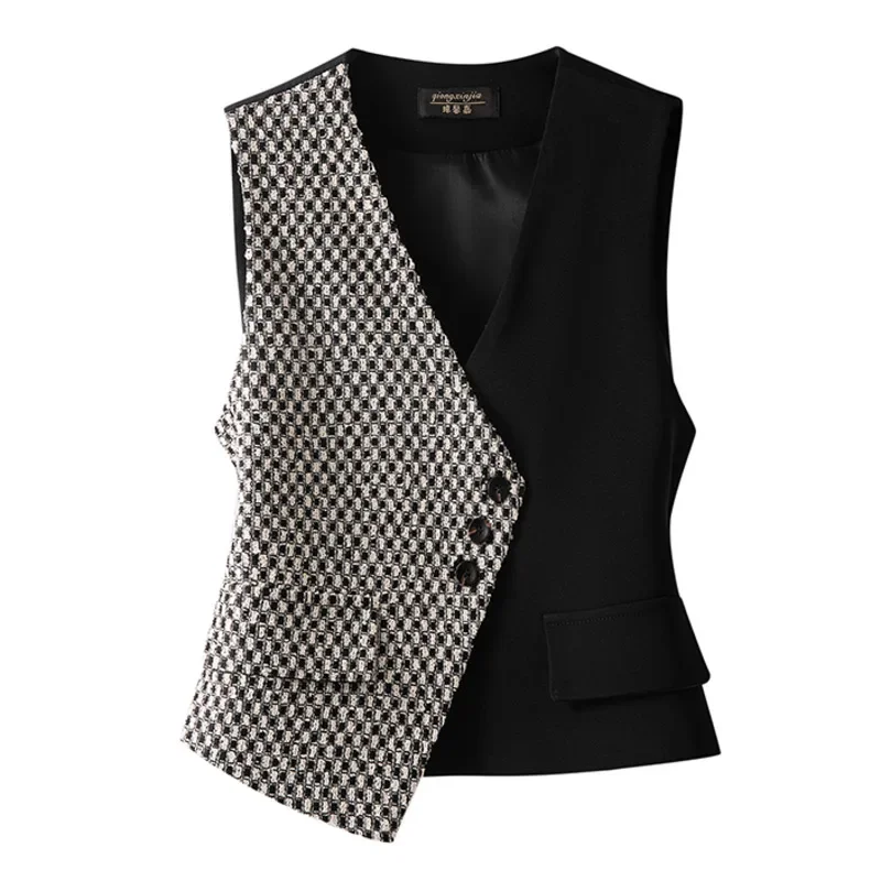 

Spring Summer Irregular Sleeveless Blazer Vest Women Spliced Color Outerwear Vintage Short Plaid Vest Waistcoat V-neck